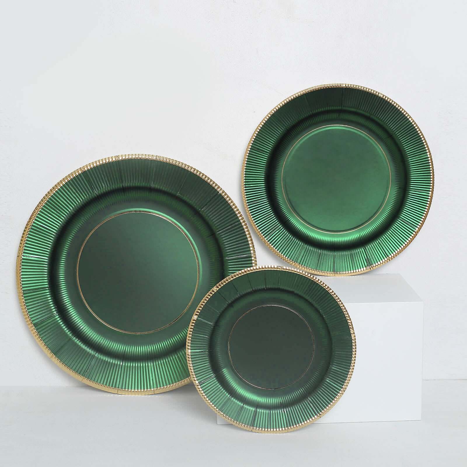 25-Pack Paper 10" Round Dinner Plates in Hunter Emerald Green Sunray Design with Gold Rim - Disposable Heavy Duty 350GSM Party Plates