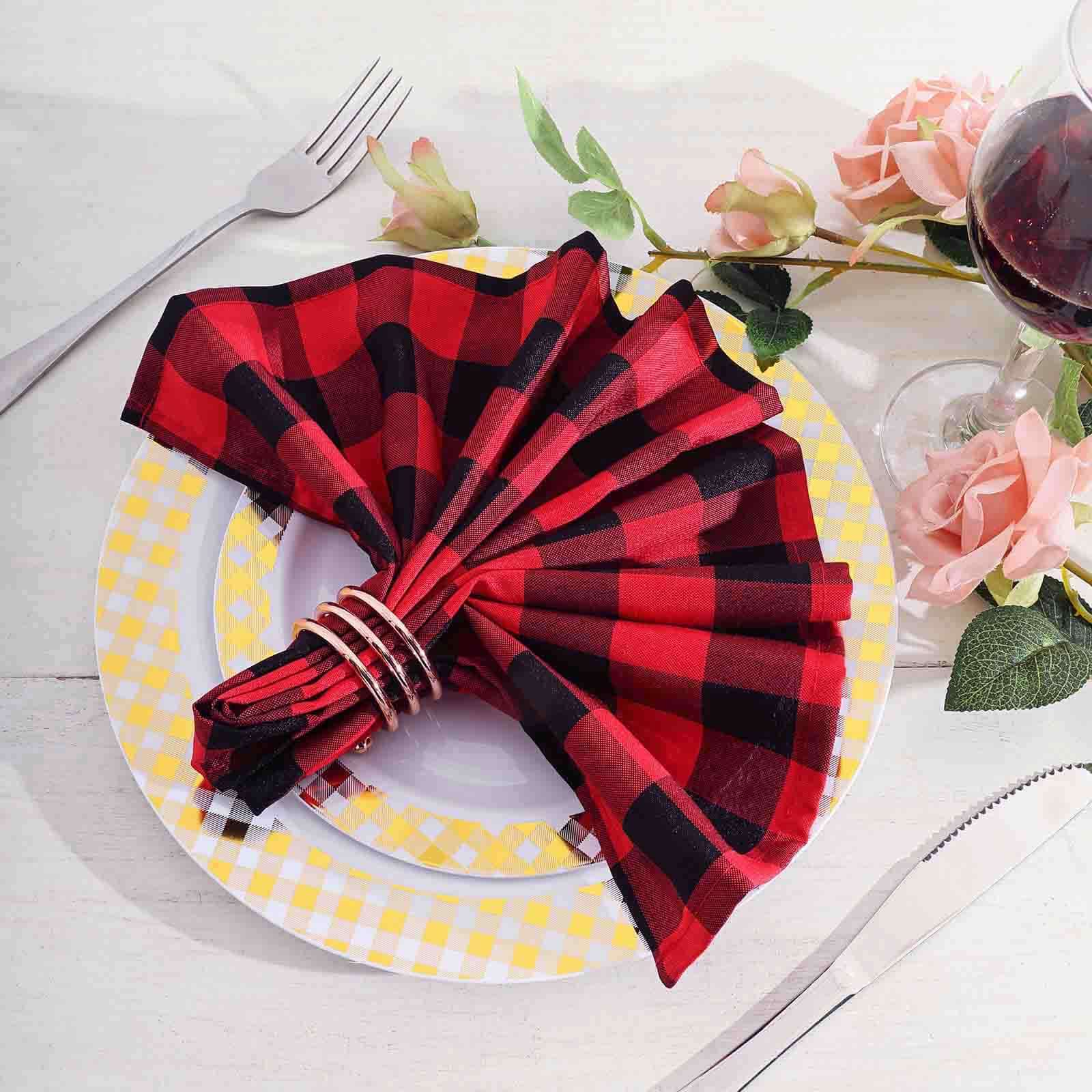 5 Pack Polyester 15"x15" Napkins Black/Red Buffalo Plaid Gingham Style Cloth Napkins