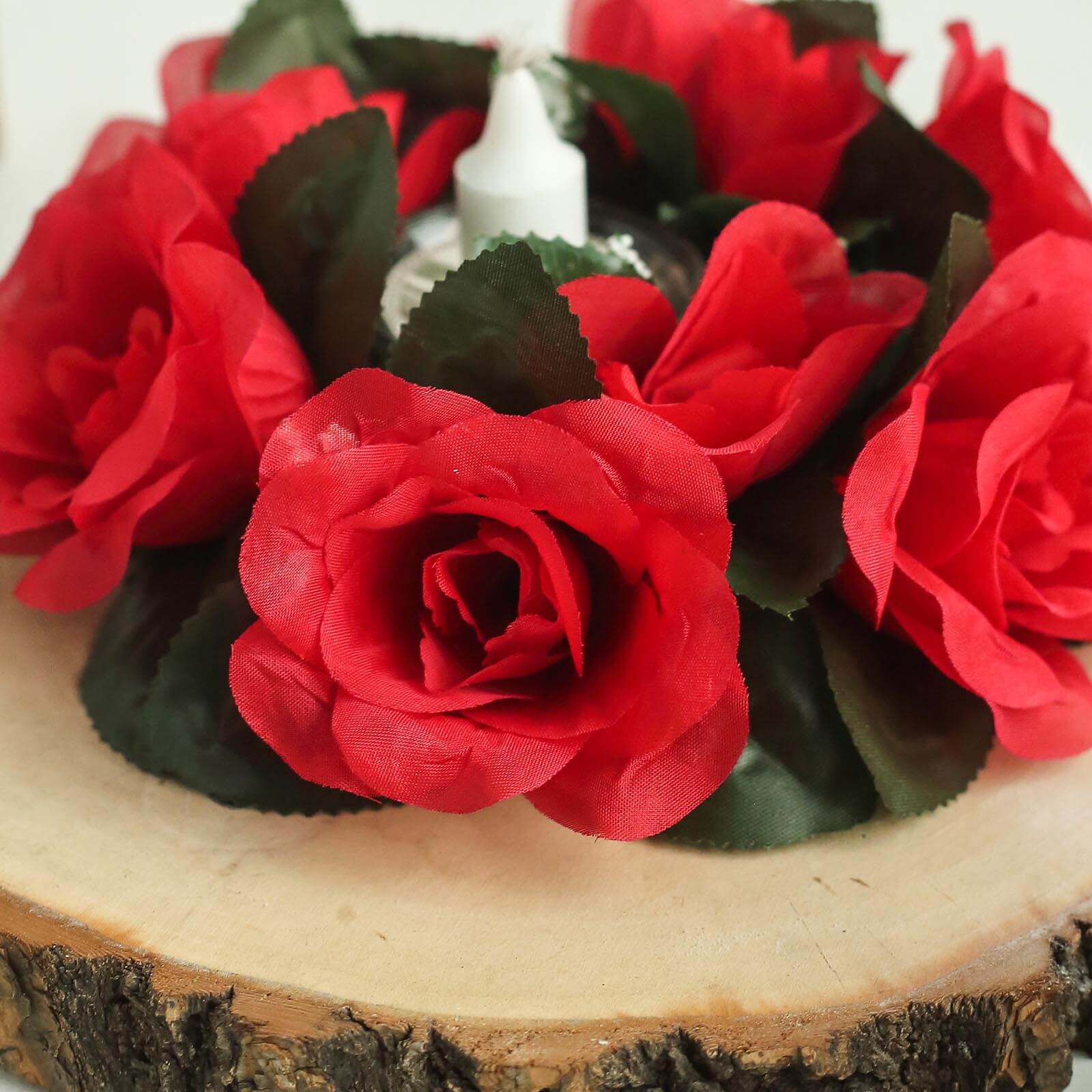 4 Pack 3" Red Artificial Silk Rose Flower Candle Ring Wreaths