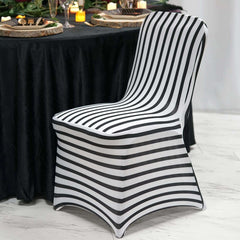 Spandex Chair Cover with Foot Pockets for Banquet Chairs Black/White Striped - Durable Stretch Fitted Slipcover for Weddings & Gatherings