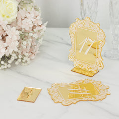 Gold Mirror Arch Acrylic Table Numbers (11-20) - 5"x7" Wedding Reception Signs with Baroque Lace Border, White Print & Stands