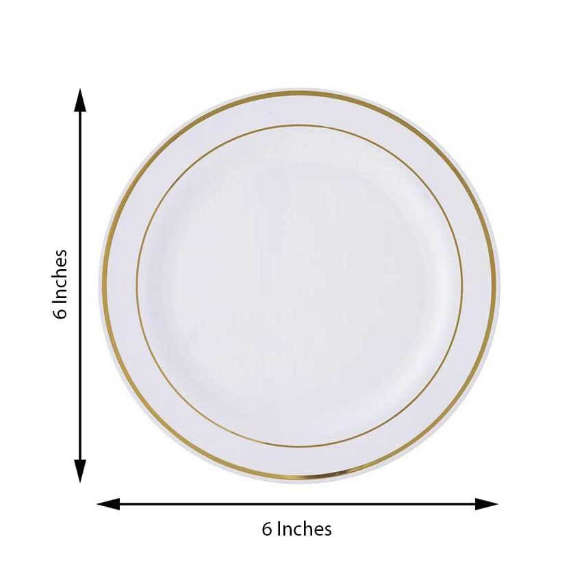 10-Pack Plastic Dessert Plates White with Très Chic Gold Rim - Disposable Plates for Appetizers 6"