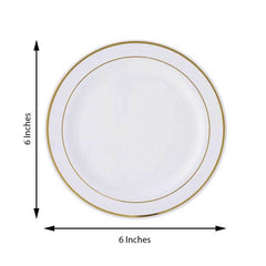 10-Pack Plastic Dessert Plates White with Très Chic Gold Rim - Disposable Plates for Appetizers 6"