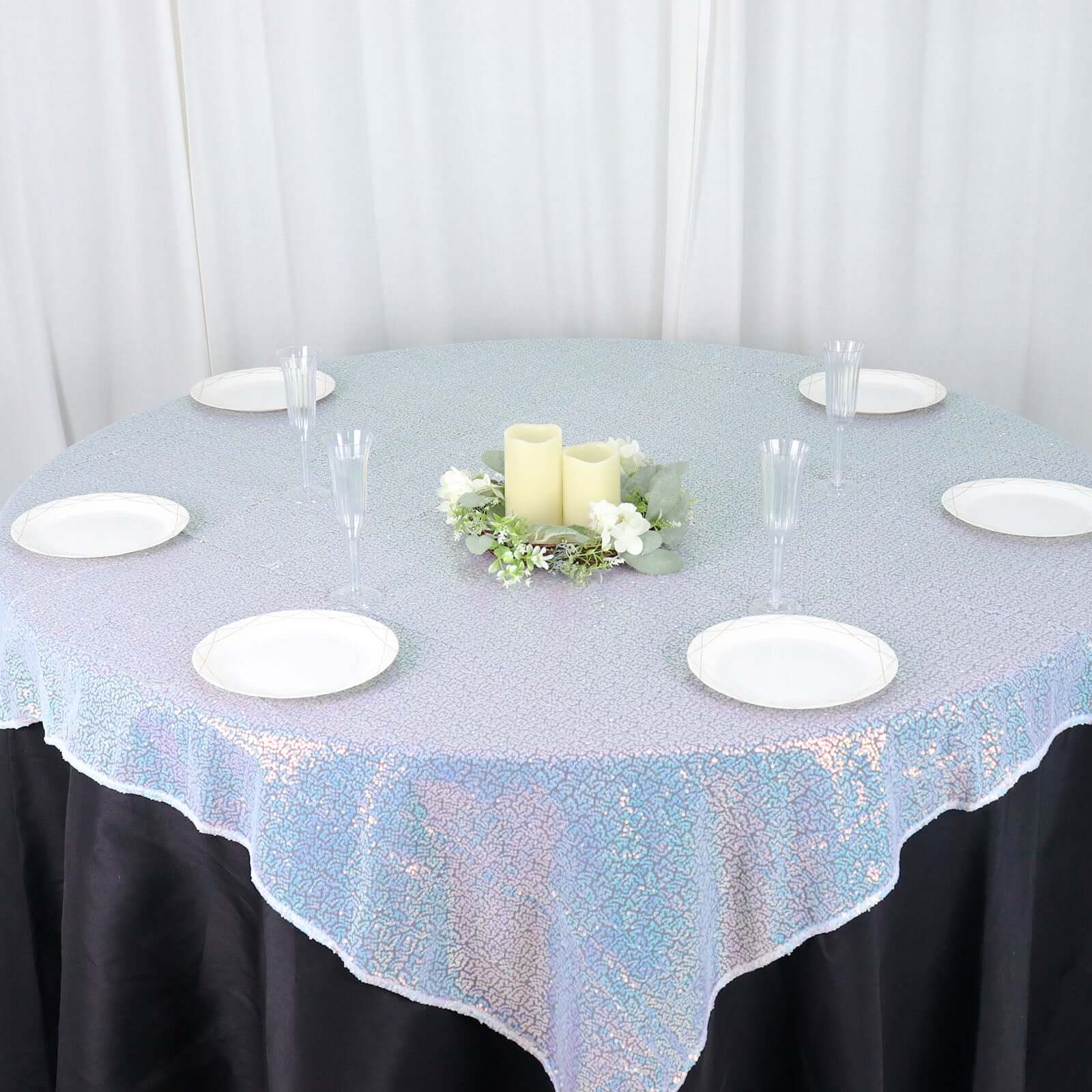 Sequin 60"x60" Table Overlay Square Tablecloth  Iridescent Blue - Luxe Wedding Table Topper