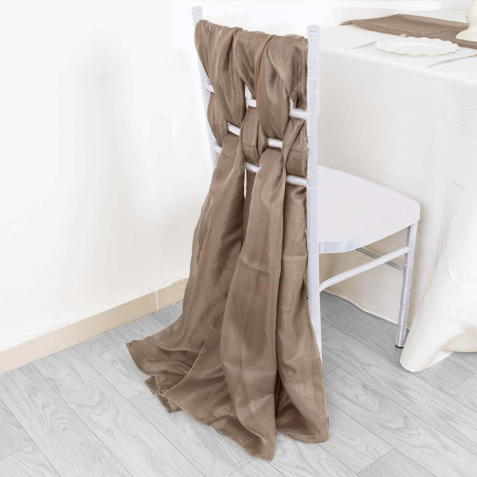 5 Pack Chiffon Chair Sashes Taupe - Soft & Lightweight Designer Chair Bows 22"x78"