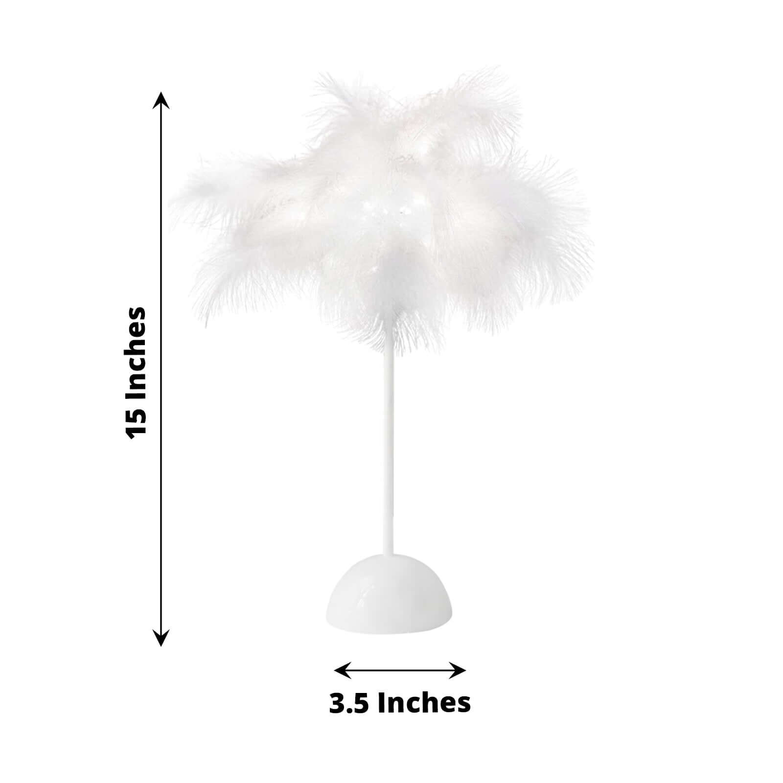 Table Lamp Feather Design White LED Battery Operated - Cordless Wedding Centerpiece 15"