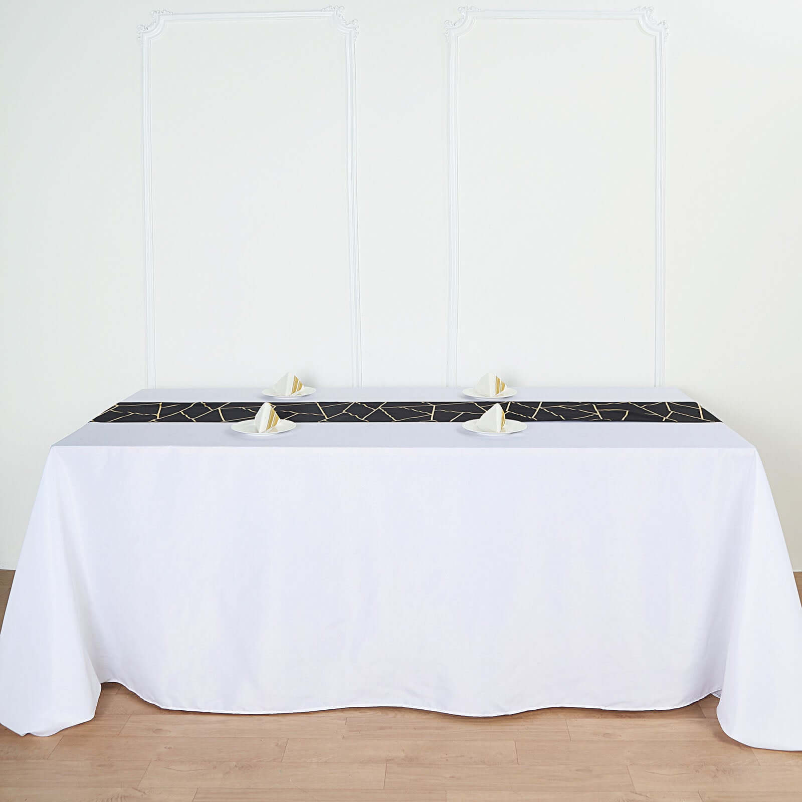 Polyester 9ft Table Runner Black with Gold Foil Modern Geometric Accent