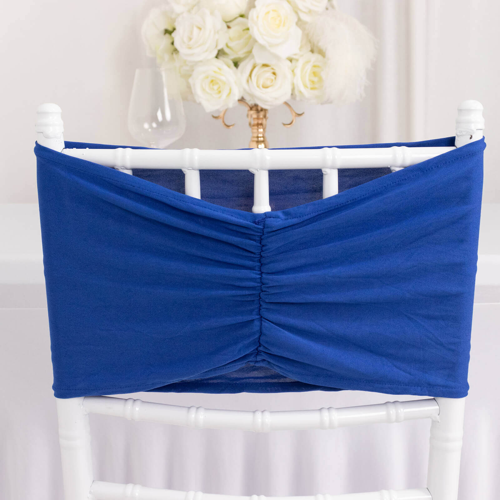 5 Pack Spandex Chair Sashes Royal Blue Ruffled Style - Wide Easy to Use Stretch Chair Bands 8"x13"