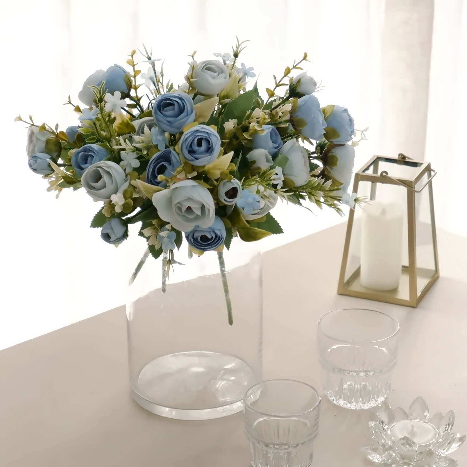 4 Pack 12" Artificial Dusty Blue Ranunculus Silk Flower Bridal Bouquets, Faux Buttercup Floral Arrangement