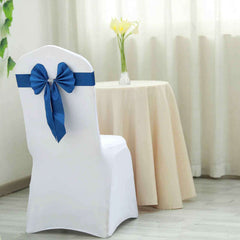 5 Pack Satin Faux Leather Chair Sashes Royal Blue - Durable Double Sided Pre-tied Bow Tie Chair Bands with Diamond Rhinestone Buckles