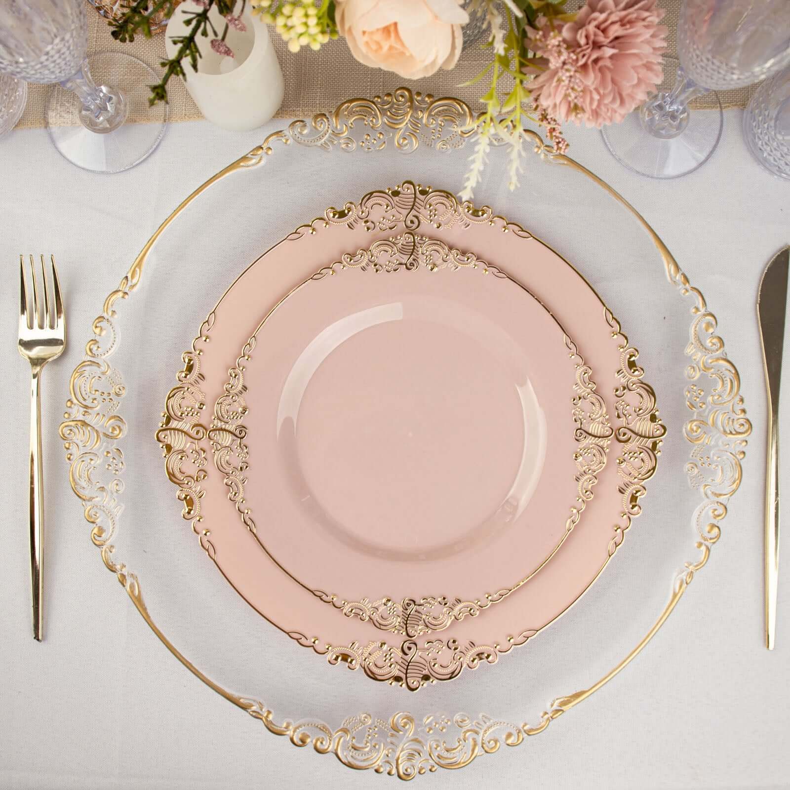 10-Pack Plastic 10" Round Dinner Plates in Blush with Gold Leaf Embossed Rim - Disposable Vintage Baroque Style Plates