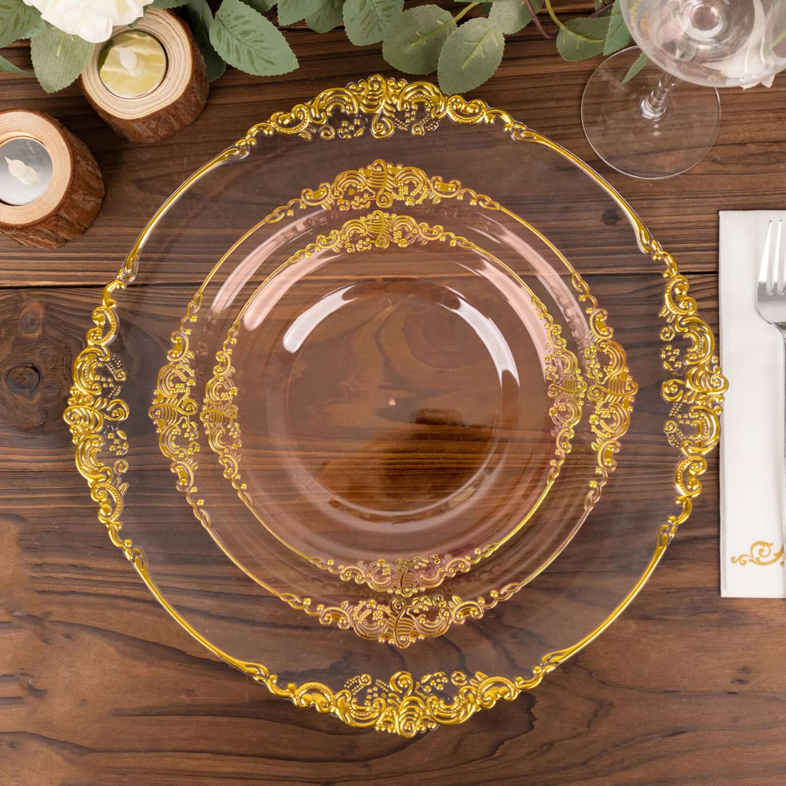 10-Pack Plastic 8" Round Dessert Plates in Transparent Blush with Gold Leaf Embossed Rim - Disposable Vintage Baroque Style Salad Plates