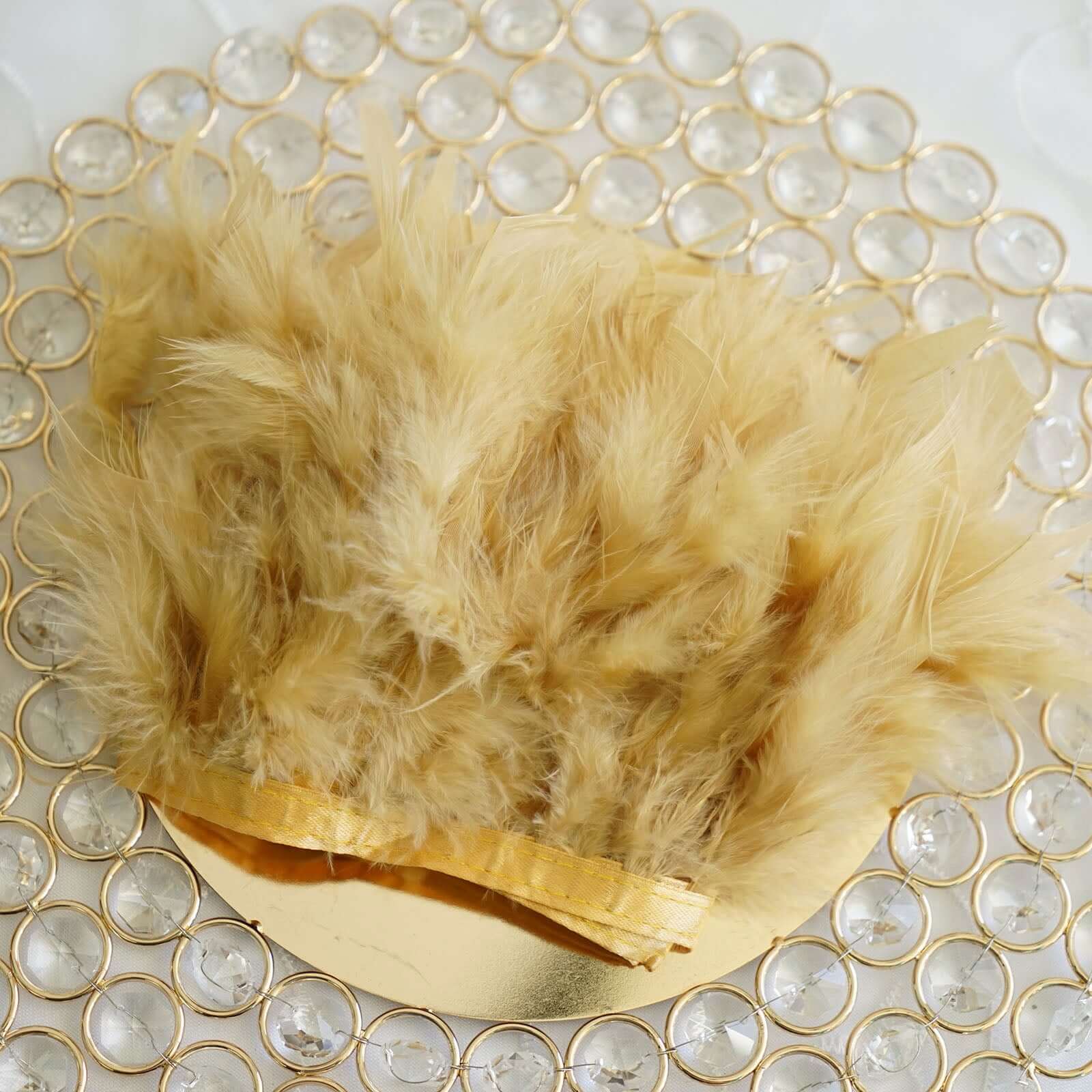 39" Gold Real Turkey Feather Fringe Trim With Satin Ribbon Tape