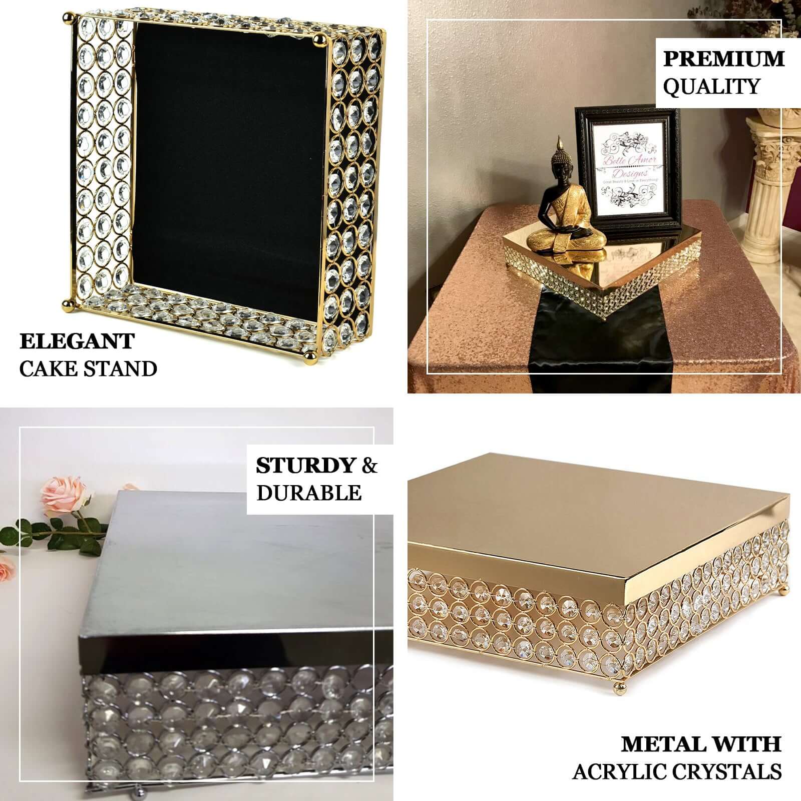 Metal Cake Stand Square Design with Crystal Beads Gold - Dessert Pedestal for Events 16"