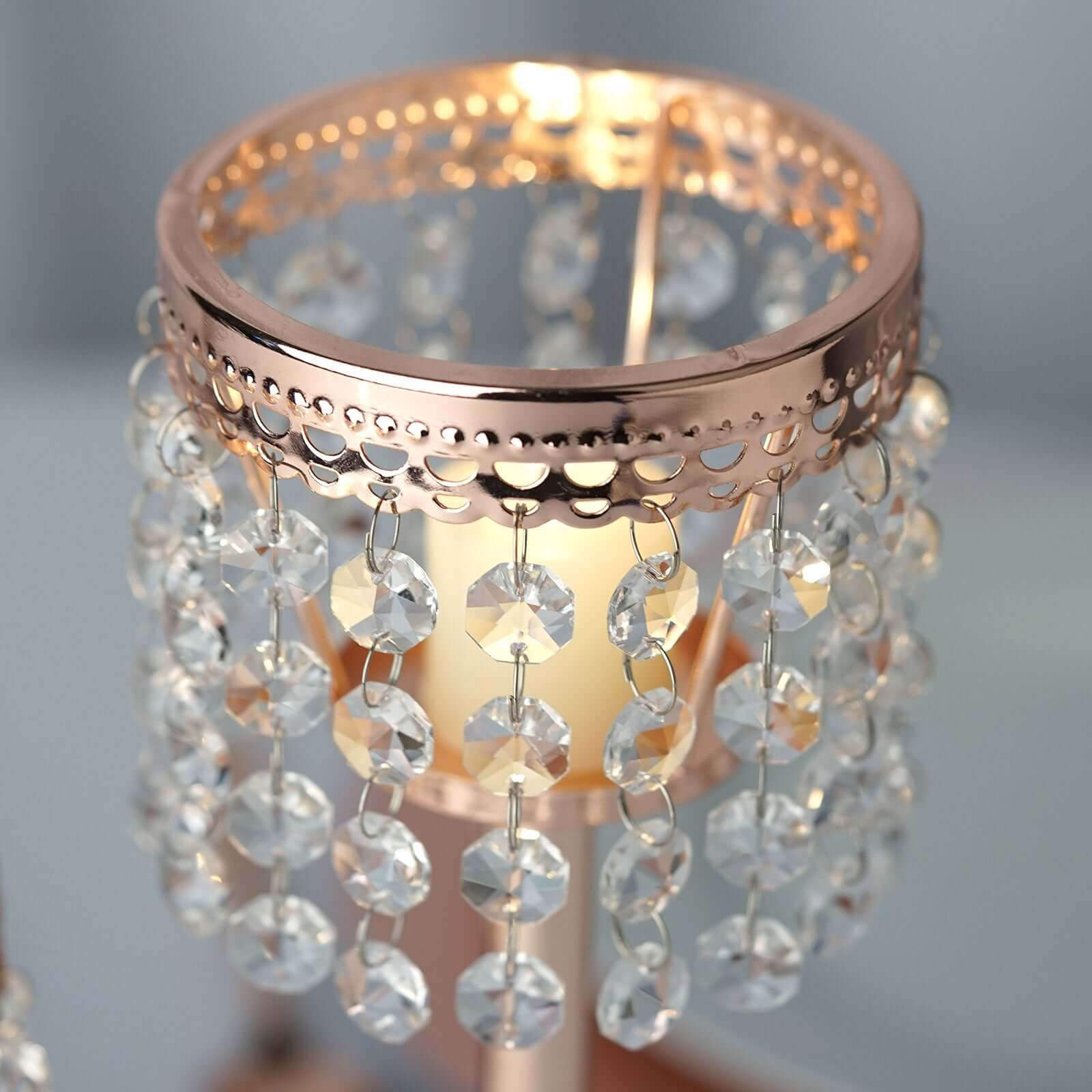 Crystal Beaded Chandelier Metal Candle Holder Rose Gold - Sophisticated Pillar Tealight Stand 12"