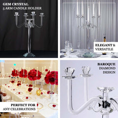 5 Arm Crystal Glass Candelabra Clear- Exquisite Decorative Taper Candle Holder Table Centerpiece for Grand Celebrations 27"