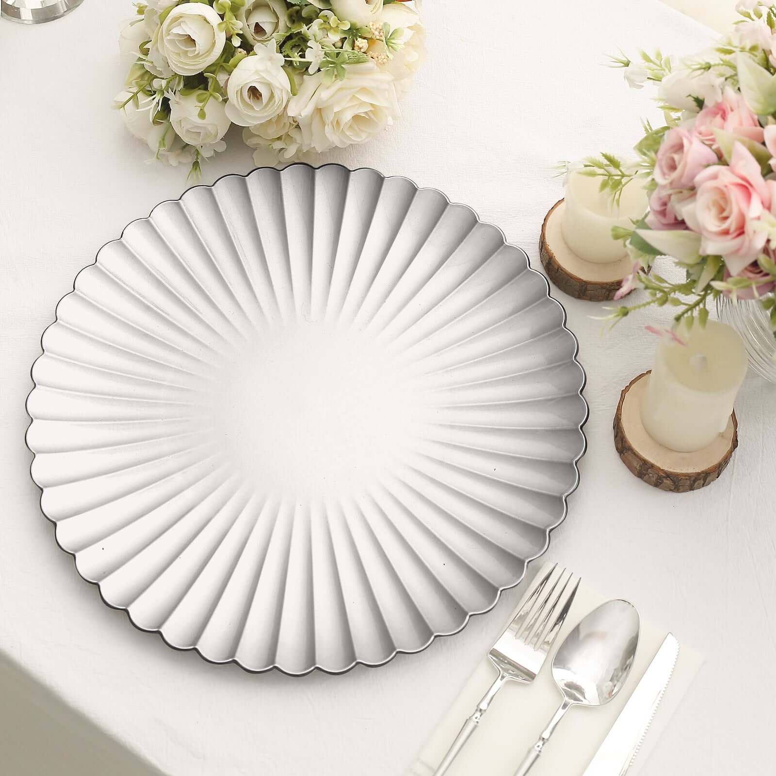 6-Pack Plastic Round Charger Plates 13" in Silver with Scalloped Shell Pattern, Coastal Inspired Disposable Charger Tableware