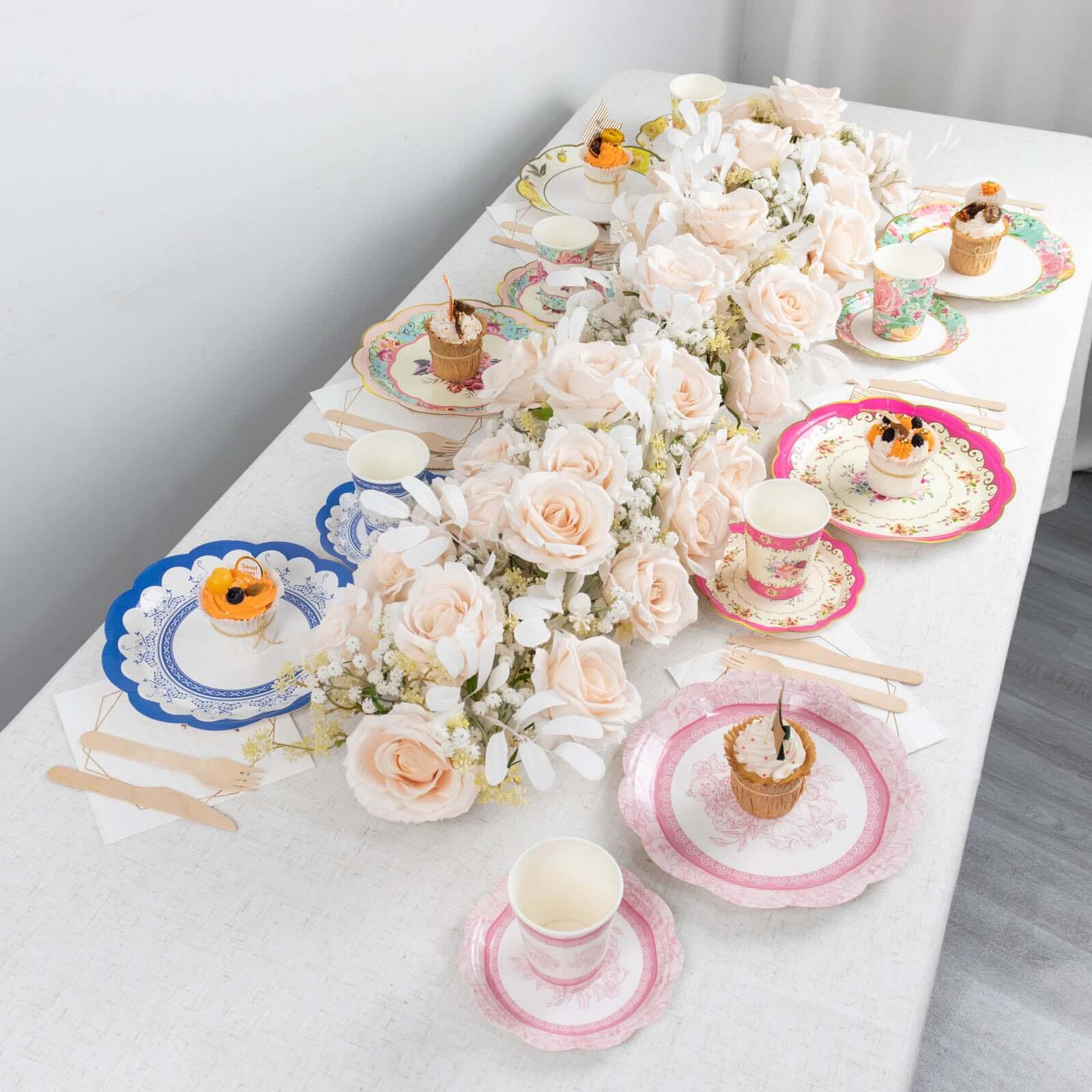 24-Pack Paper Cup and Saucer Set in Mixed Vintage Floral Print - Disposable Tea Party Supplies Kit for Baby Showers & Birthdays