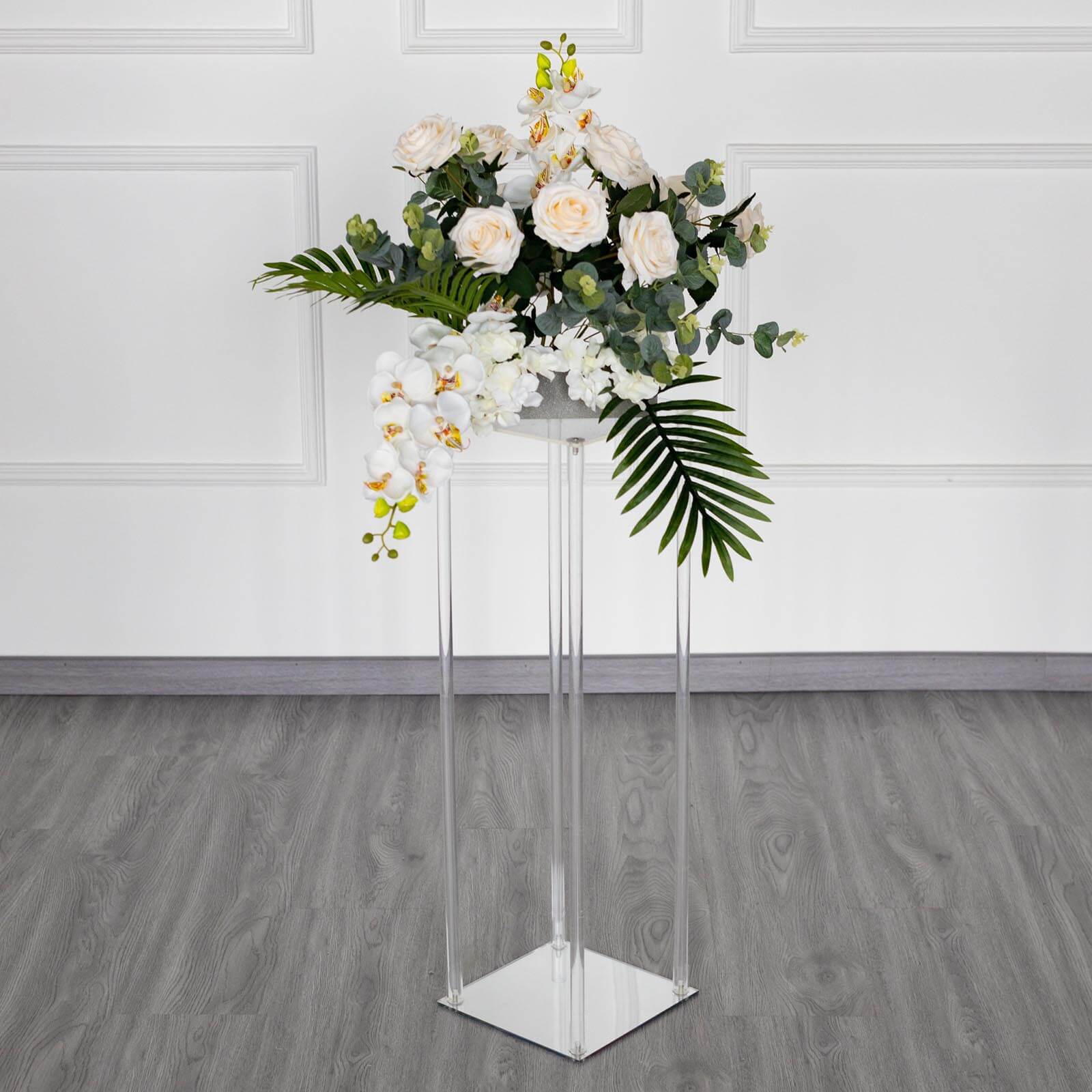 Acrylic Floor Vase Flower Stand with Square Mirror Base Clear - Decorative Wedding Column Centerpiece 32"