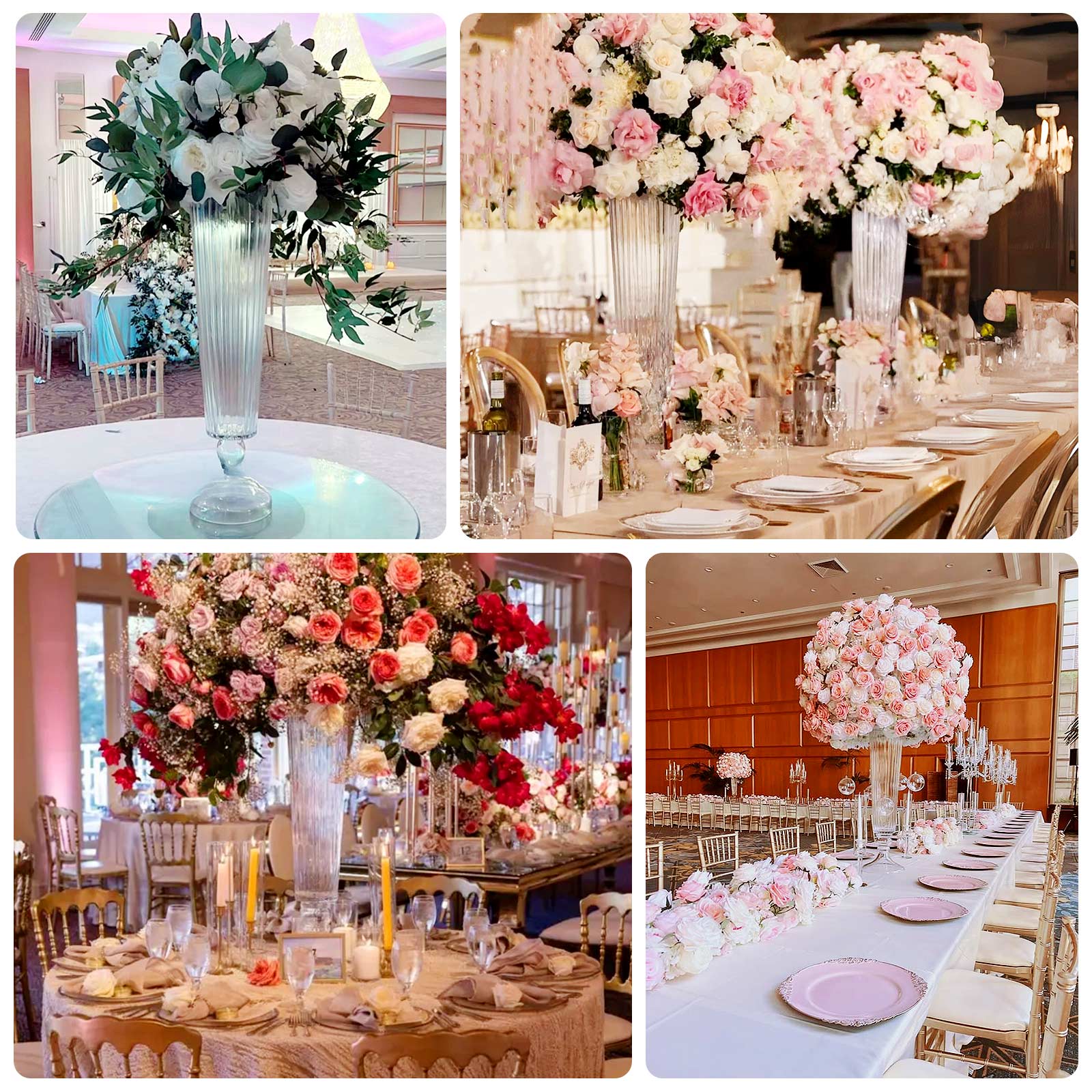 4-Pack Glass Trumpet Vases Ribbed Design Clear - Durable Flower Centerpieces for Events 26"