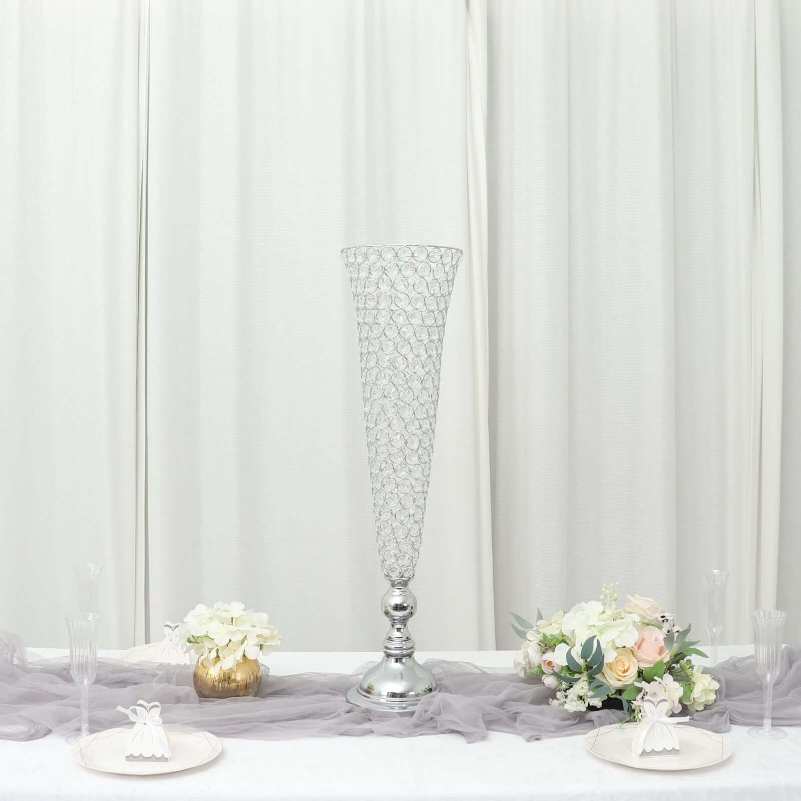 2-Pack Crystal Beaded Trumpet Vase Silver - Exquisite Floral Display Centerpiece Stand Set for Banquets & Receptions 28" Tall