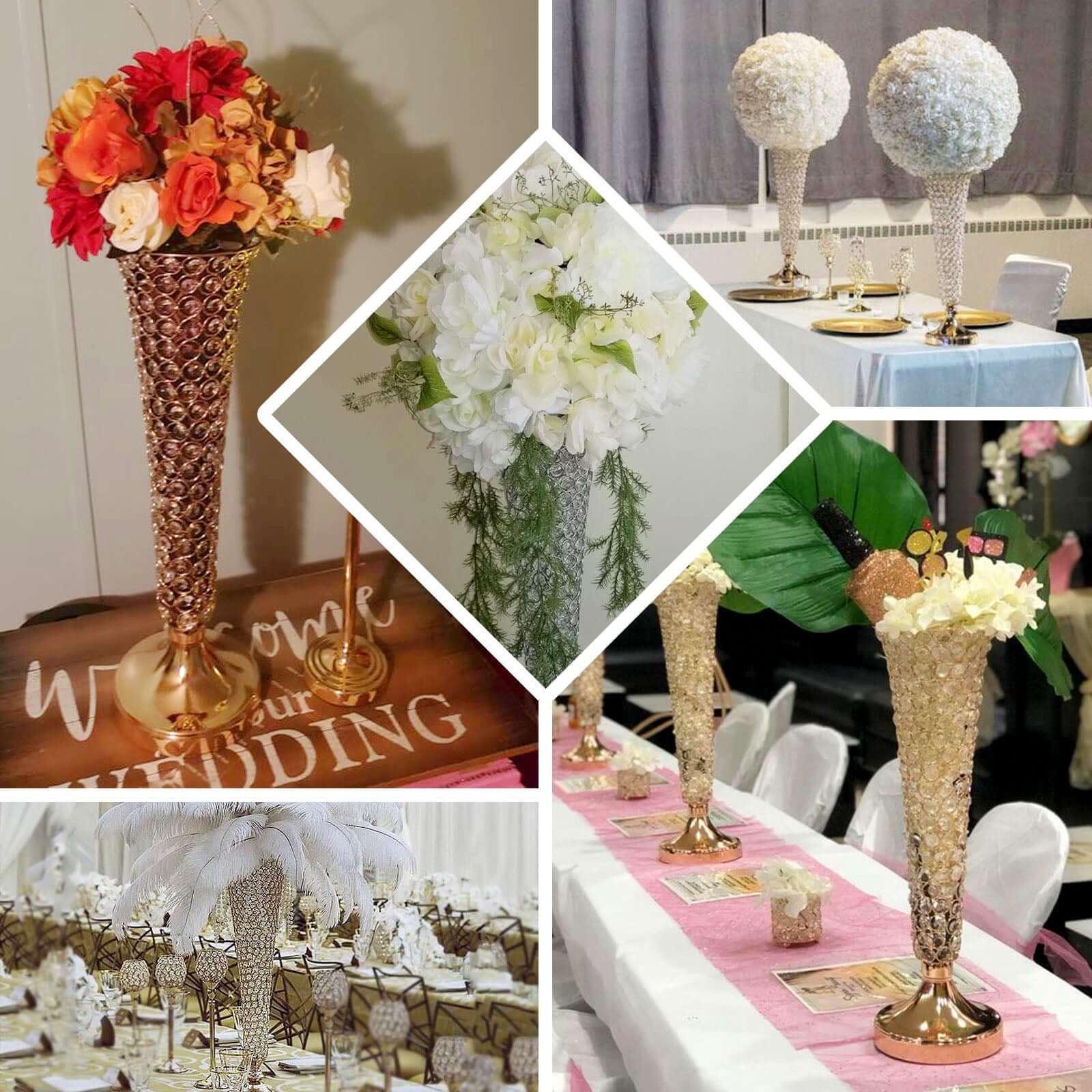 2-Pack Crystal Beaded Trumpet Vase Gold - Exquisite Floral Display Centerpiece Stand Set for Banquets & Receptions 28" Tall