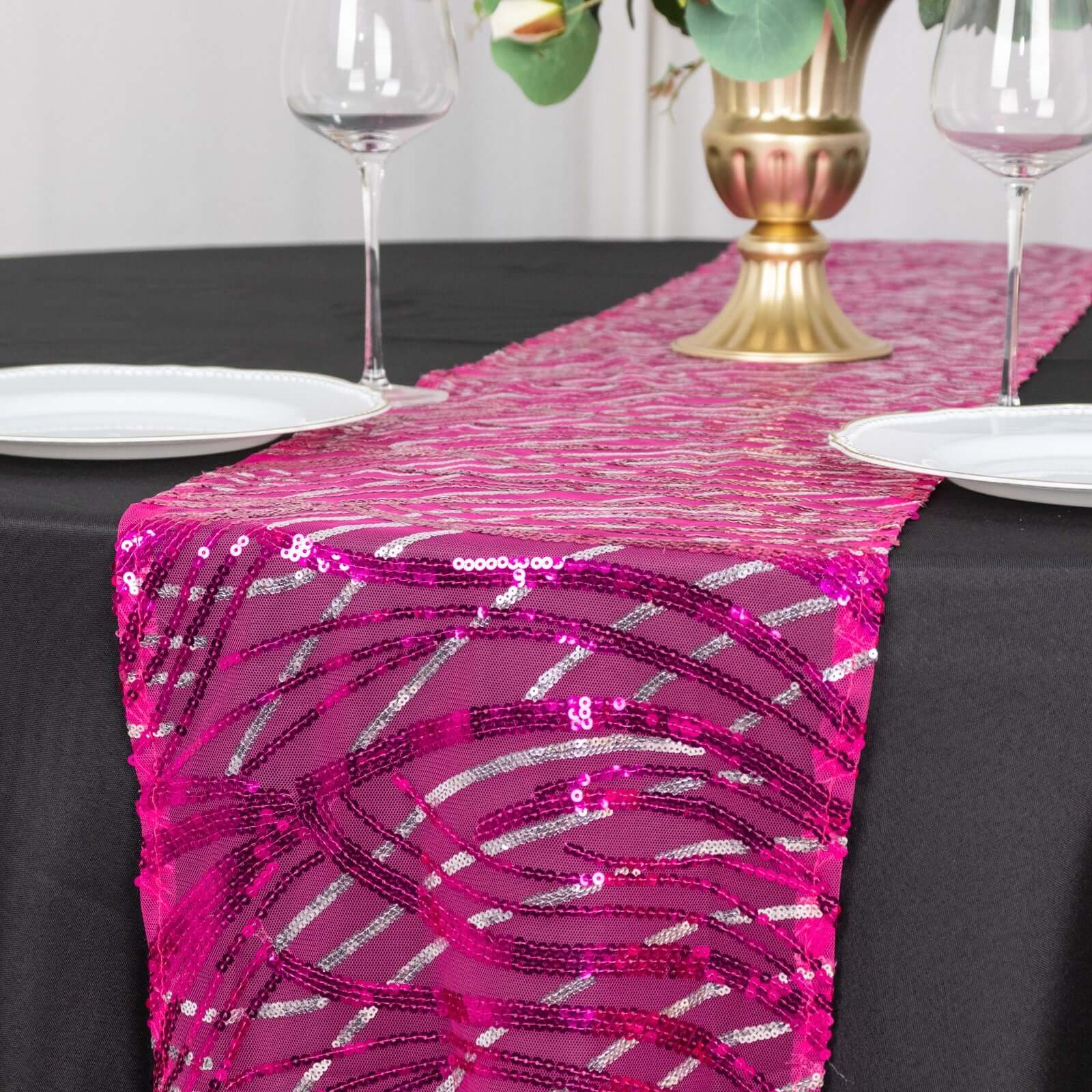 Sequin Mesh 12"x108" Table Runner Fuchsia Stylish Wave Embroidery