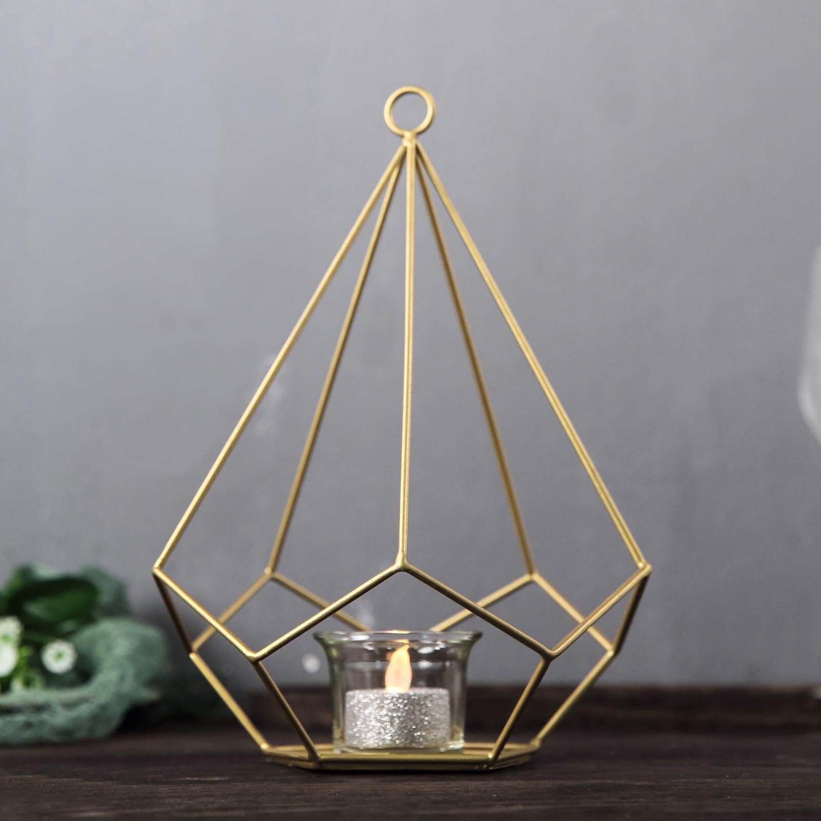 2-Pack Tealight Candle Holders Gold Metal Pentagon Geometric Open Frame - Flower Stand 9"