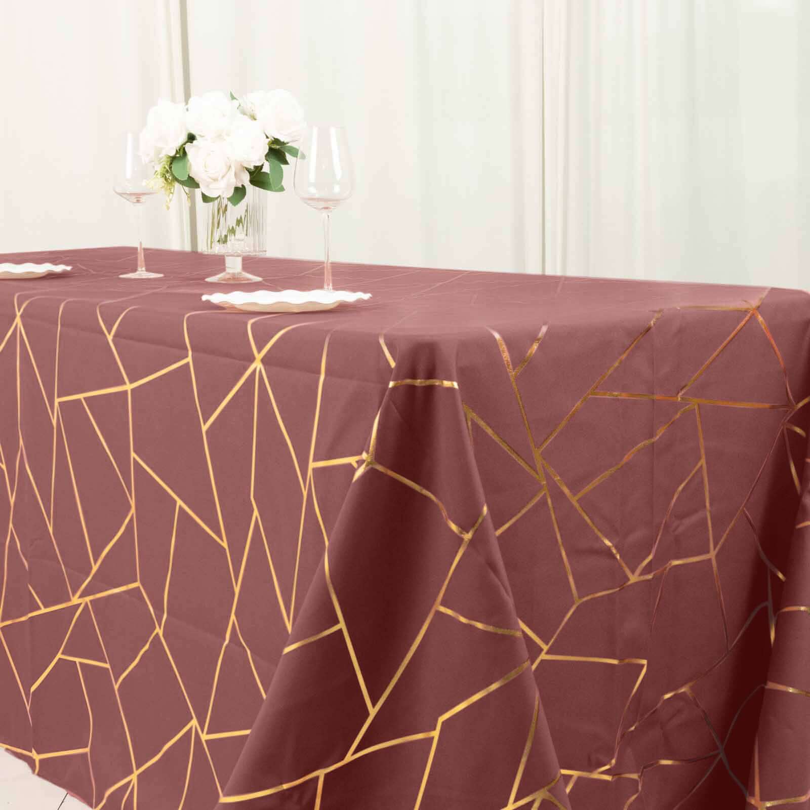 Polyester 60"x132" Rectangle Tablecloth Cinnamon Rose with Gold Foil Geometric Pattern - Wrinkle-Resistant and Durable Table Cover for Weddings & Events