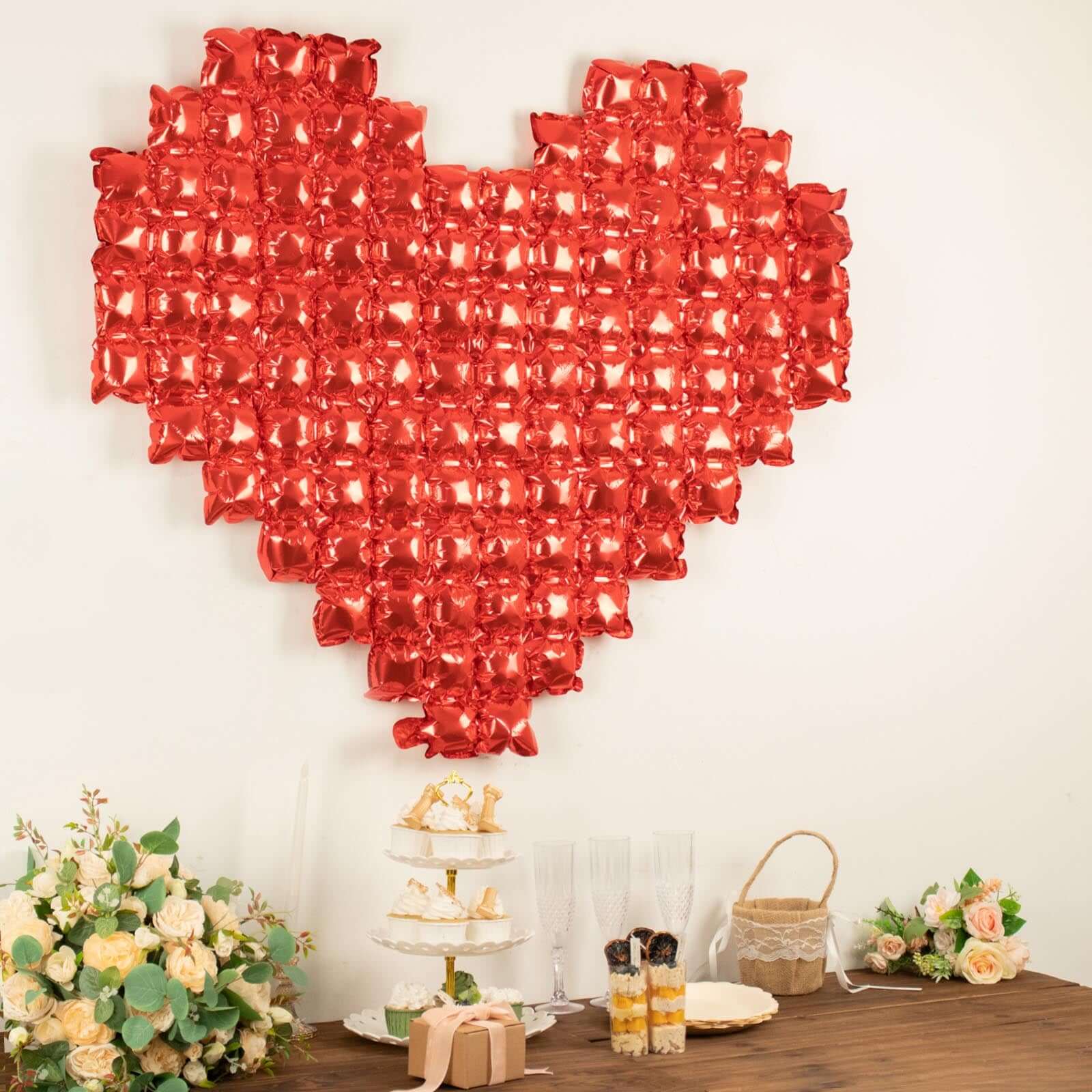 41"x36" Metallic Red Giant Heart Mylar Foil Balloon, Photo Backdrop Balloon Quilt