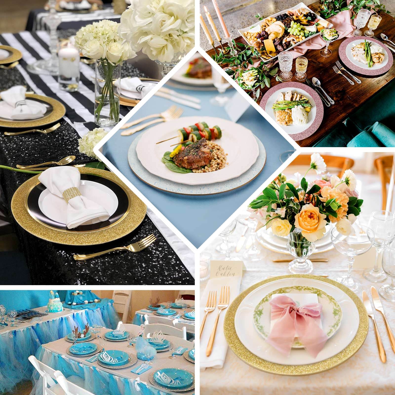 6-Pack Acrylic Plastic Round Charger Plates 13" in Gold with Dust Free Glitter Finish, Decorative Dinner Party Charger Tableware