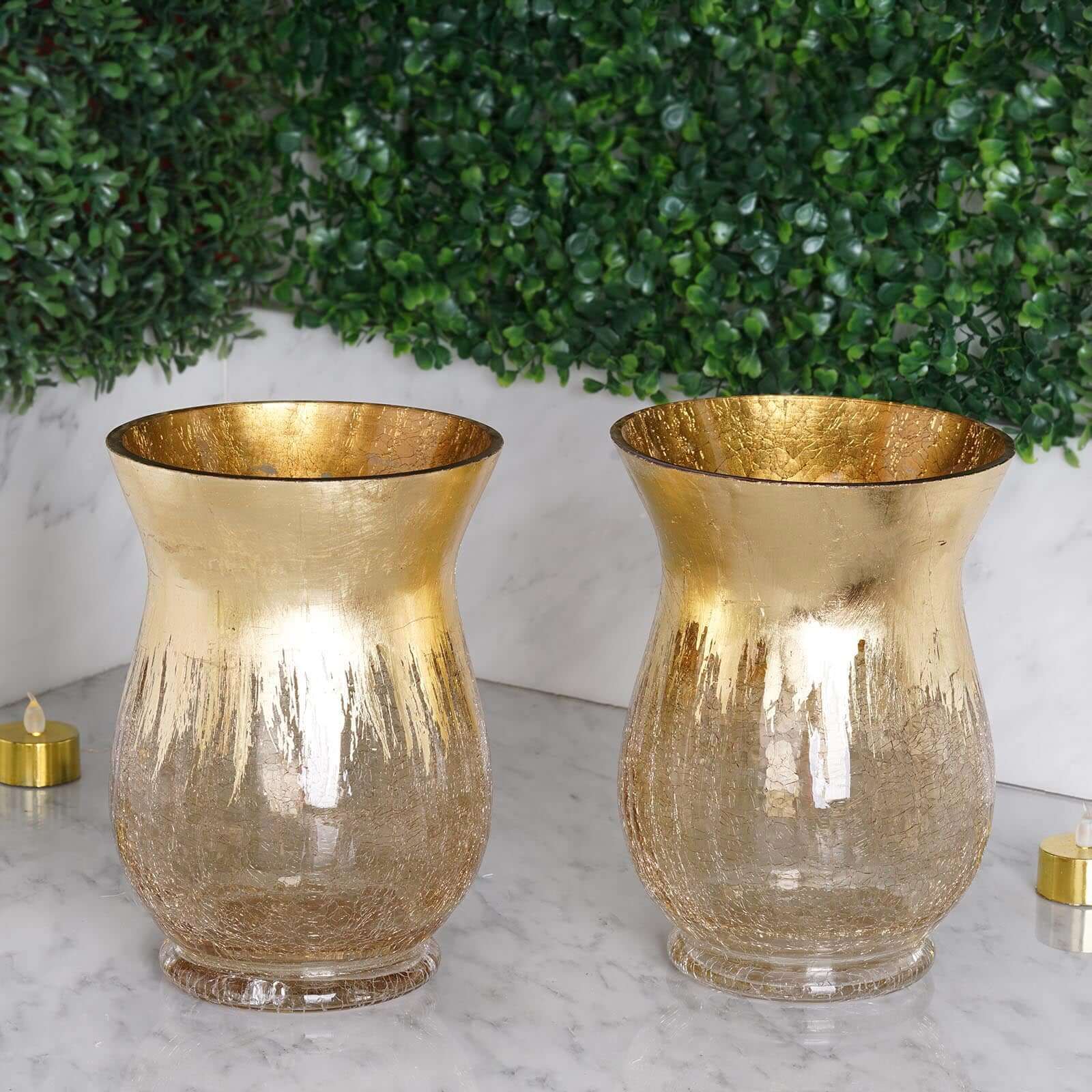 2-Pack Glass Hurricane Vases Bell Shaped Crackle Gold Curvy Design - Stylish Candle Holder Centerpieces 8"