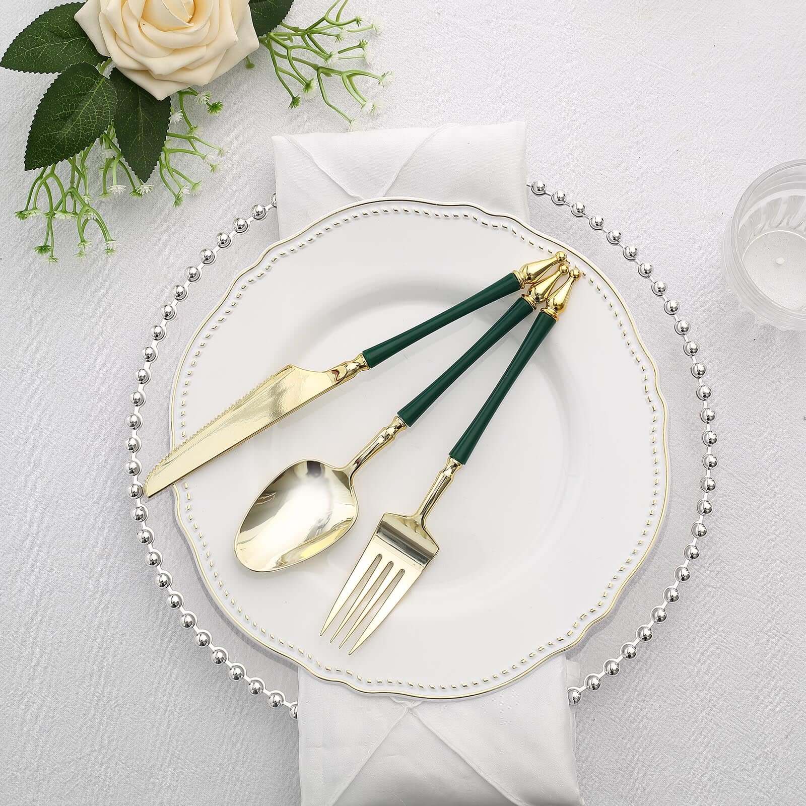24-Pack Plastic Utensil Set with Roman Column Handle Gold/Hunter Emerald Green - Disposable Silverware