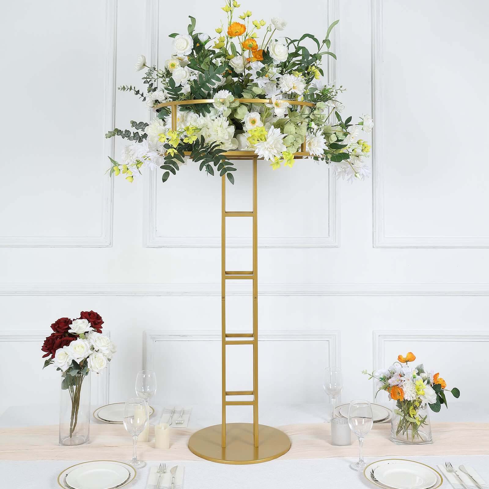 Metal Wedding Centerpiece Open Frame Design Gold - Grand Halo Top Floral Riser Pedestal 46"