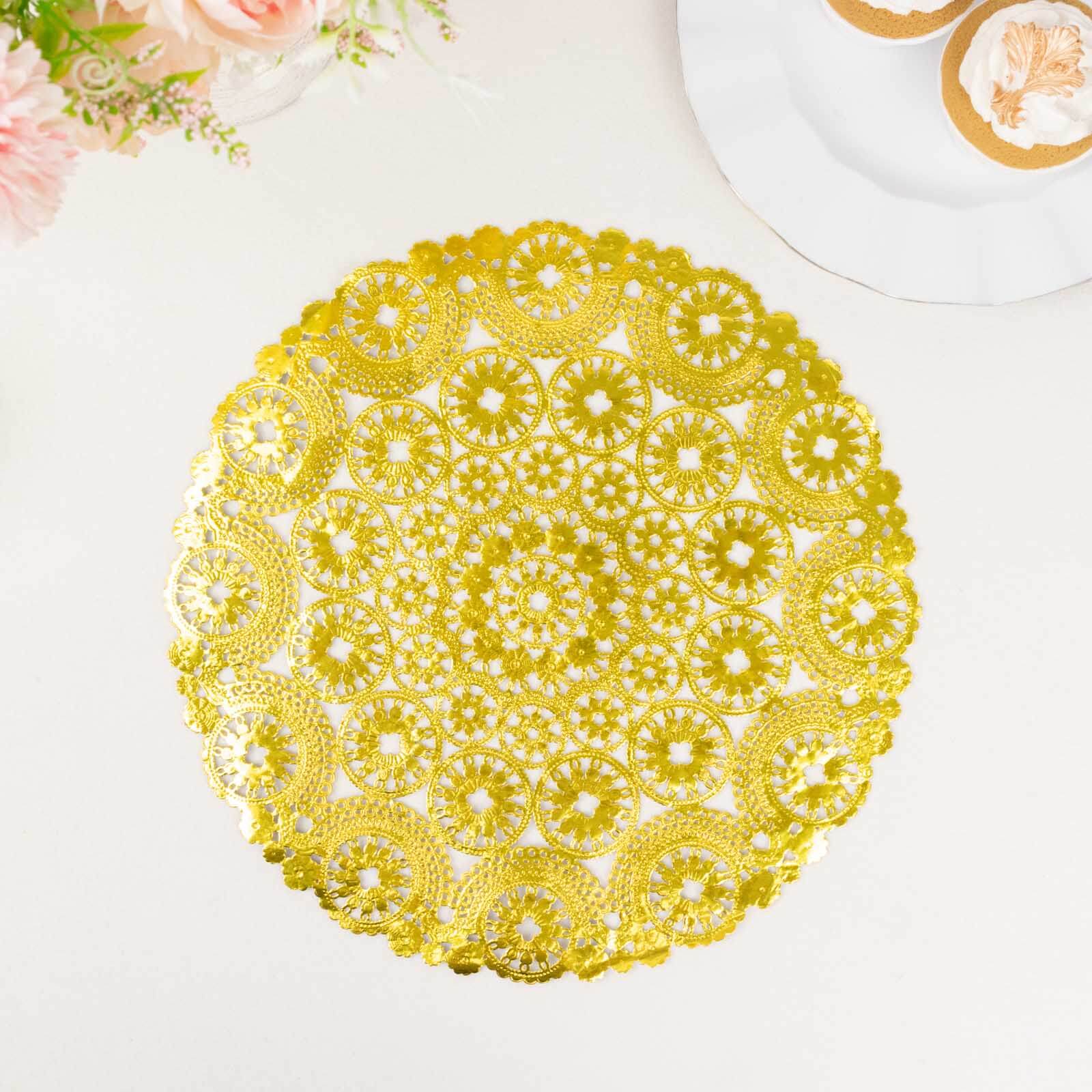 50-Pack Paper 12" Round Placemats in Metallic Gold - Disposable 50GSM Lace Doilies with Medallion Style for Dessert Display & Table Decor