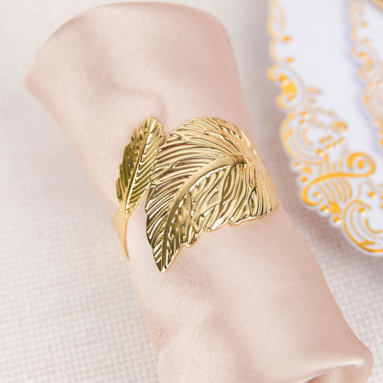 4 Pack Metallic Gold Ornate Leaf Napkin Rings, Linen Napkin Holders