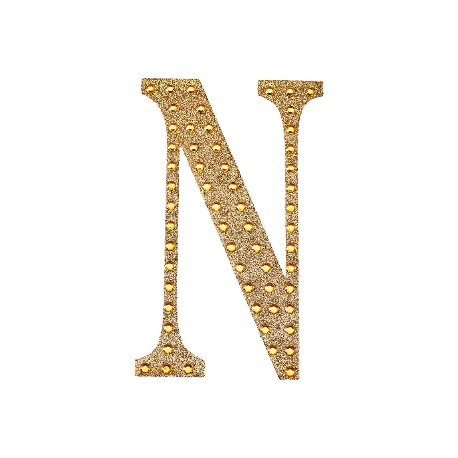 Decorative Rhinestone Alphabet "N" Letter Stickers, Glitter Adhesive Craft Letters Gold DIY Sparkle Embellishments 4"
