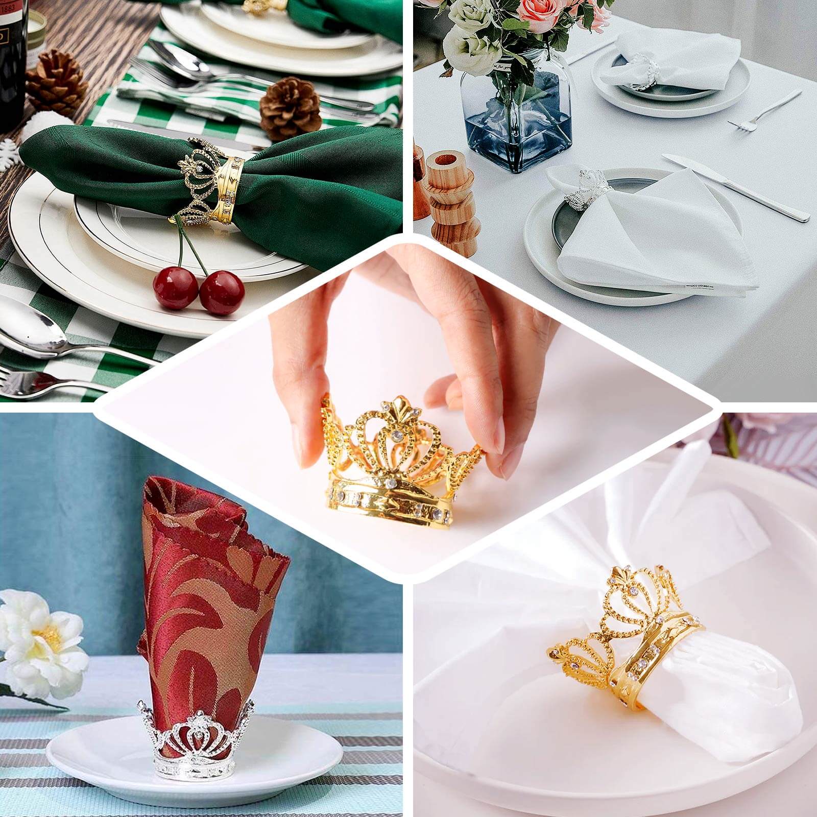 4 Pack Metallic Gold Crown Rhinestone Napkin Rings, Royal Bling Napkin Holders