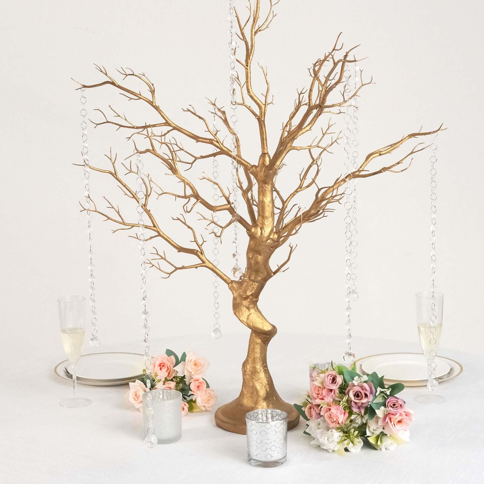 Manzanita Tree Centerpiece Metallic Gold with 8 Acrylic Bead Chains - Easy Assembly Decorative Artificial Tree for Modern Weddings Parties & Event Displays 34"