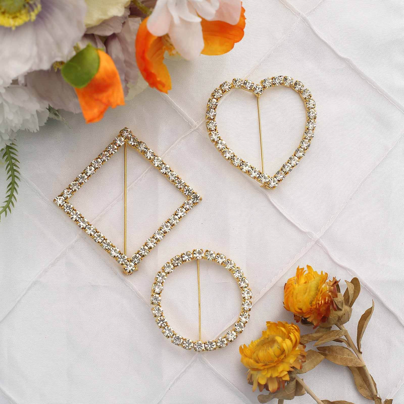 Rhinestone Chair Sash Band Buckle Gold 2" Heart Metal - Glittering Diamond Accent for Weddings & Special Events