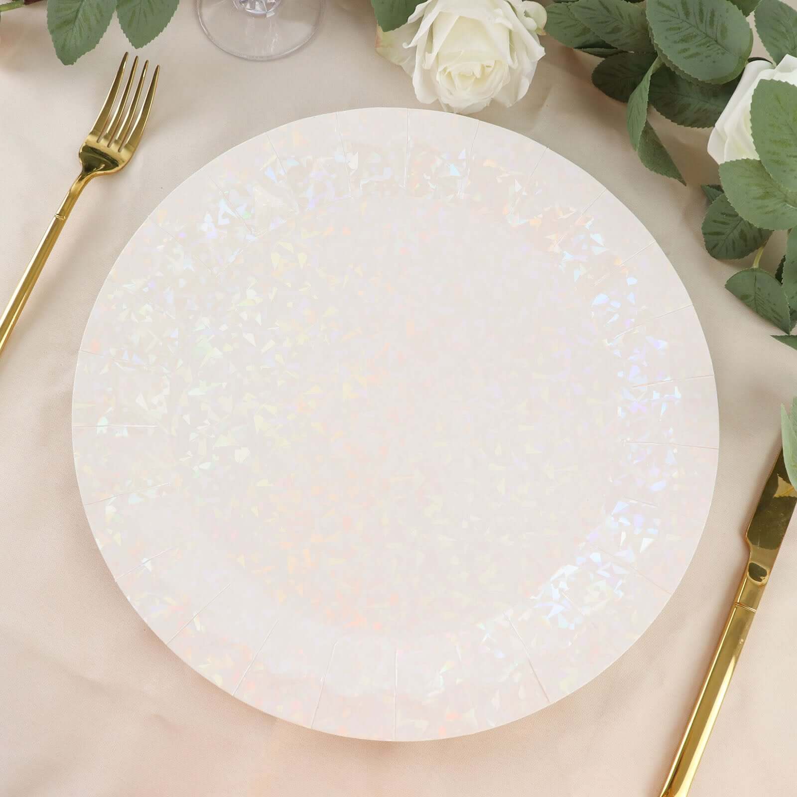 25-Pack Paper 12" Round Charger Plates in Iridescent with Geometric Prism Design - Disposable 400GSM Serving Trays