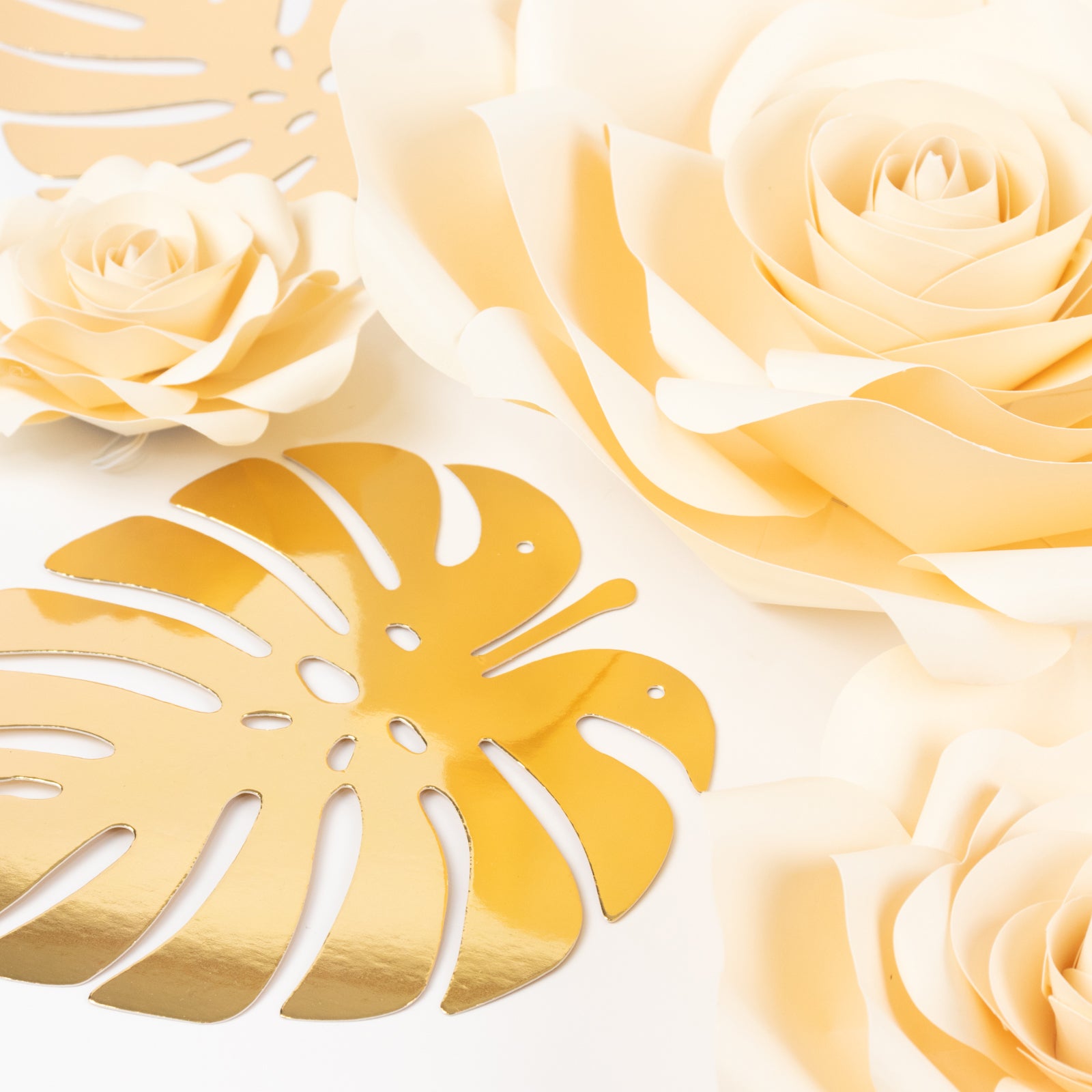 Set of 9 Ivory 3D Rose Paper Flowers with Gold Tropical Palm Leaves, Party Flower Backdrop Hanging Wall Decor