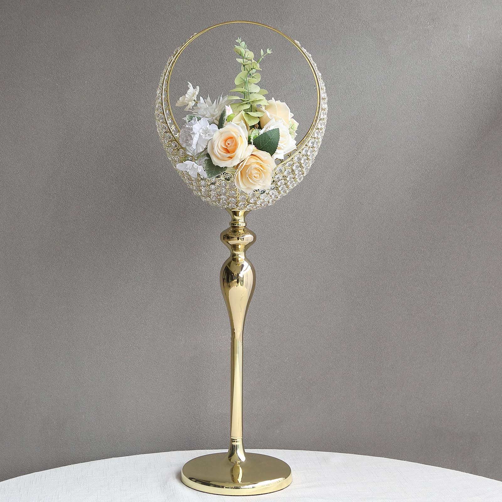 Metal Crystal Beaded Candle Holder Stand, Half Moon Basket Design Gold Wedding Flower Centerpiece with Round Stable Base 3ft Tall