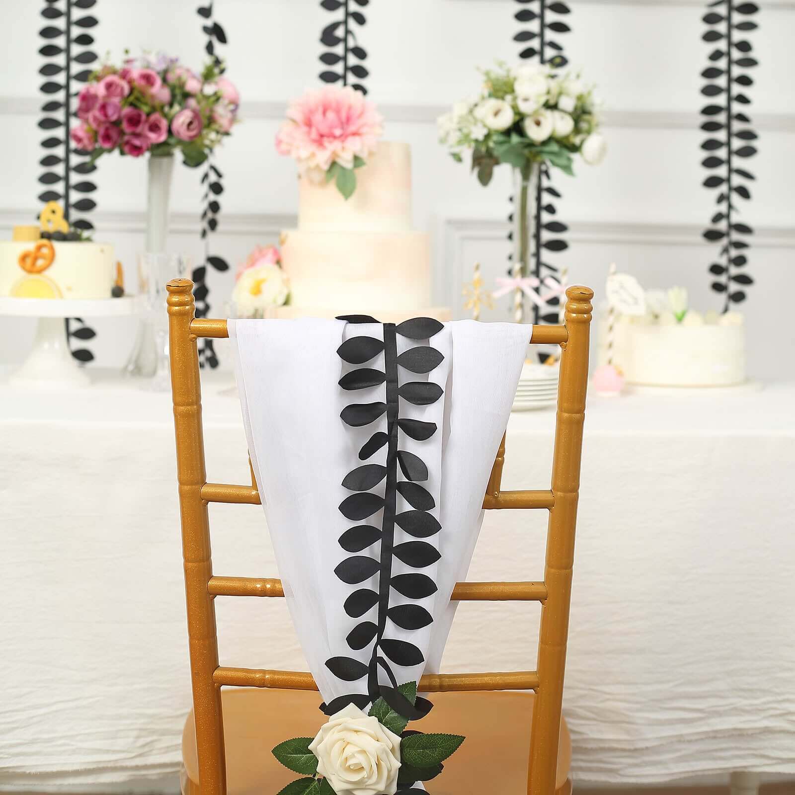 Taffeta Ribbon Sash with 4" Leaf Petal Design Black 50ft - Sophisticated Artificial Fabric Garland for Events