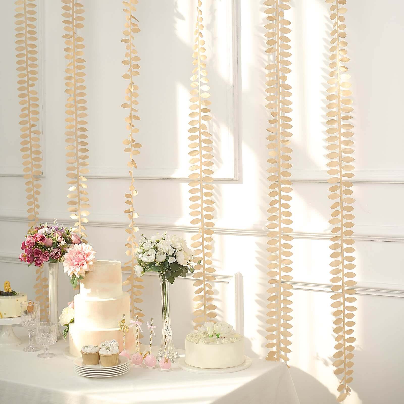 Taffeta Ribbon Sash with 4" Leaf Petal Design Champagne 50ft - Sophisticated Artificial Fabric Garland