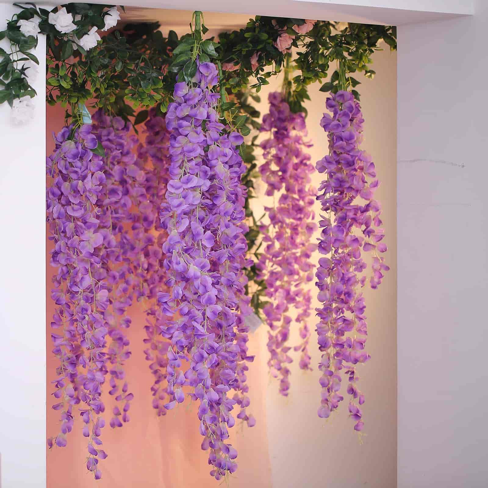 42" Silk Hanging Wisteria Flower Garland Vines in Lavender Lilac, Elaborated 5 Full Strands in 1 Bush