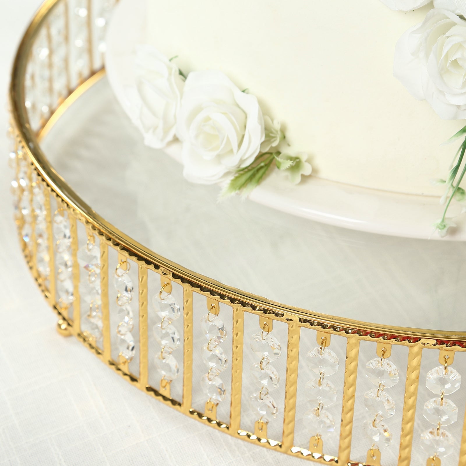 18" Round Gold Cake Stand with Hanging Crystal Beads and Glass Top – Metal Dessert Display Tray