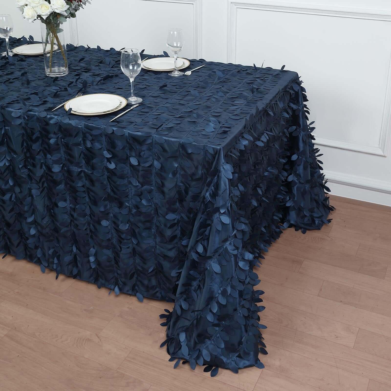 Taffeta 90"x132" Rectangle Tablecloth Navy Blue | 3D Leaf Petal Design Seamless Table Cover