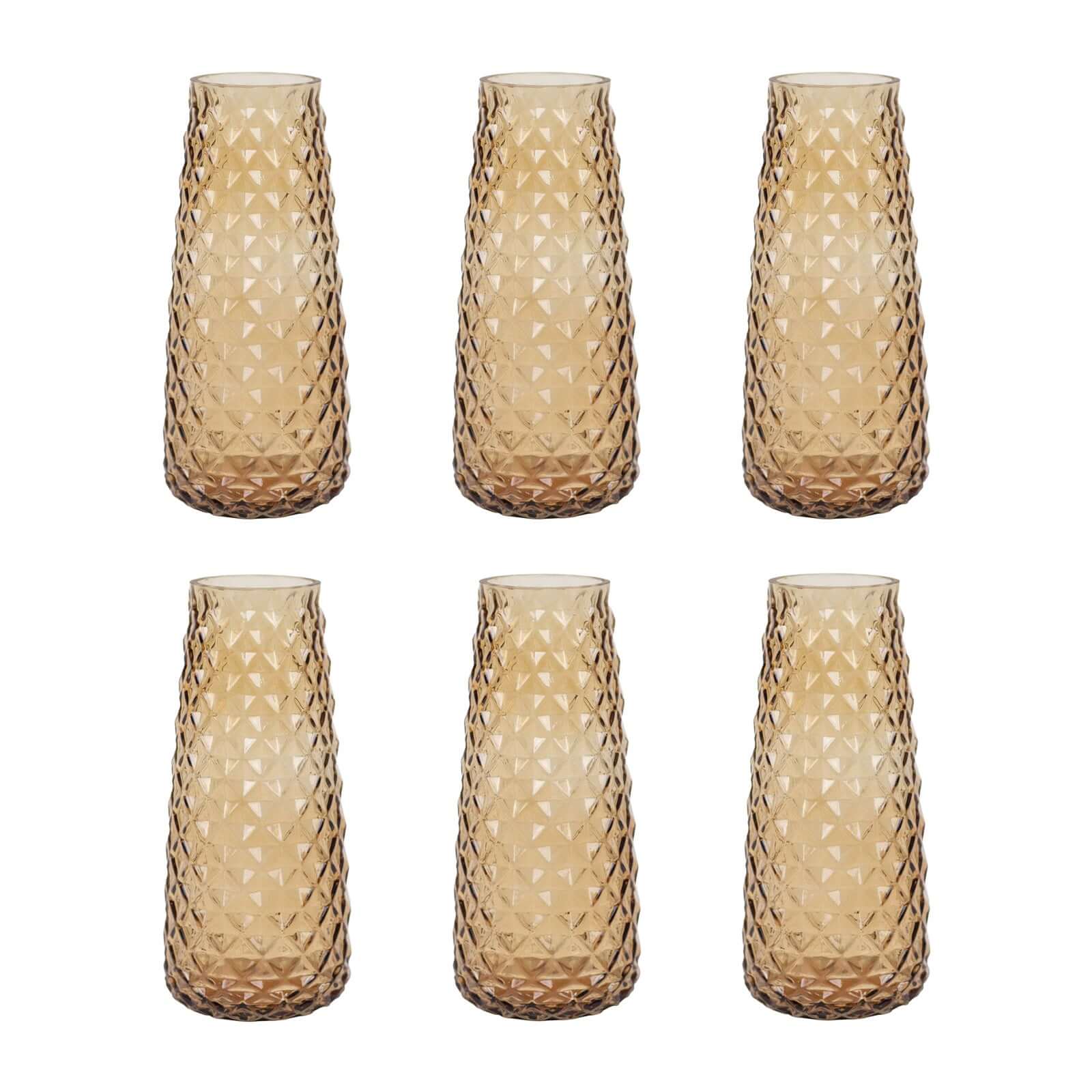 6-Pack Glass Urn Vases Amber Gold with Diamond Crystal Cut Pattern - Stylish Decorative Design for Event Decor 8.5"