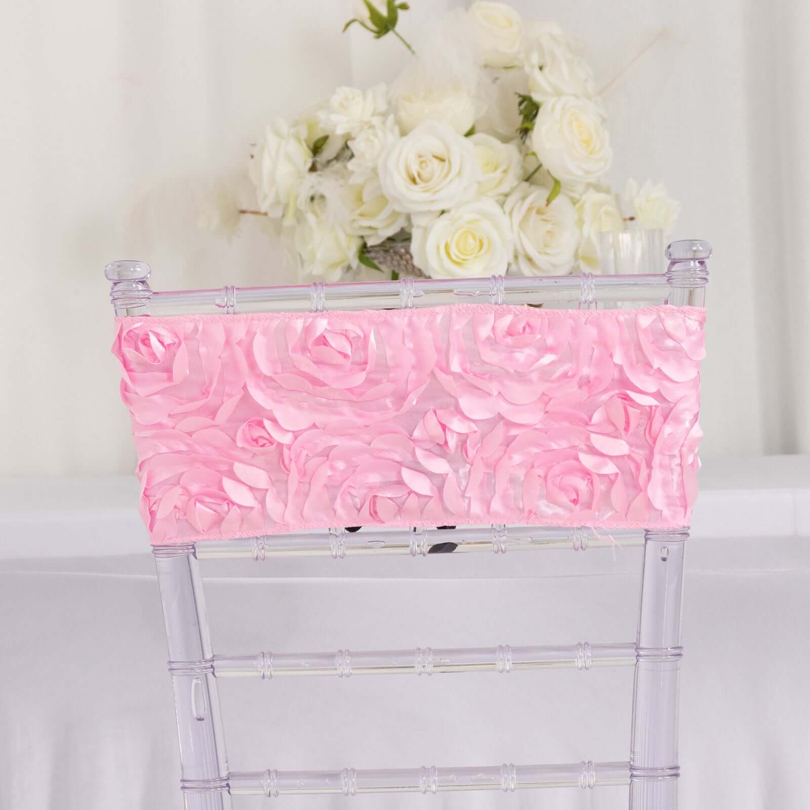 5 Pack Satin Spandex Chair Sashes Pink - Rosette Design Stretch Chair Bands 6"x14"